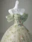 Elegant Sage Green Sequins Flower Prom Dresses 2026 Ball Gown Off-The-Shoulder Sleeveless Backless Floor-Length / Long Prom Formal Dresses