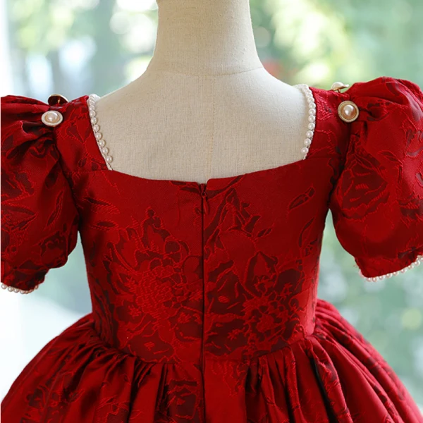 Élégant Bordeaux Anniversaire Perle Satin Impression Robe Ceremonie Fille 2023 Robe Boule Encolure Carrée Gonflée Manches Courtes Dos Nu Longue Robe Ceremonie Fille