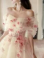 Flower Fairy Chic / Beautiful White Appliques Prom Dresses 2023 A-Line / Princess Off-The-Shoulder Short Sleeve Backless Floor-Length / Long Prom Formal Dresses