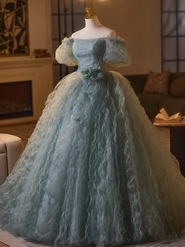 Chic / Belle Vert Cendré Appliques Volants Robe De Bal 2025 Robe Boule De l'épaule Manches Courtes Dos Nu Longue Promo Robe De Ceremonie