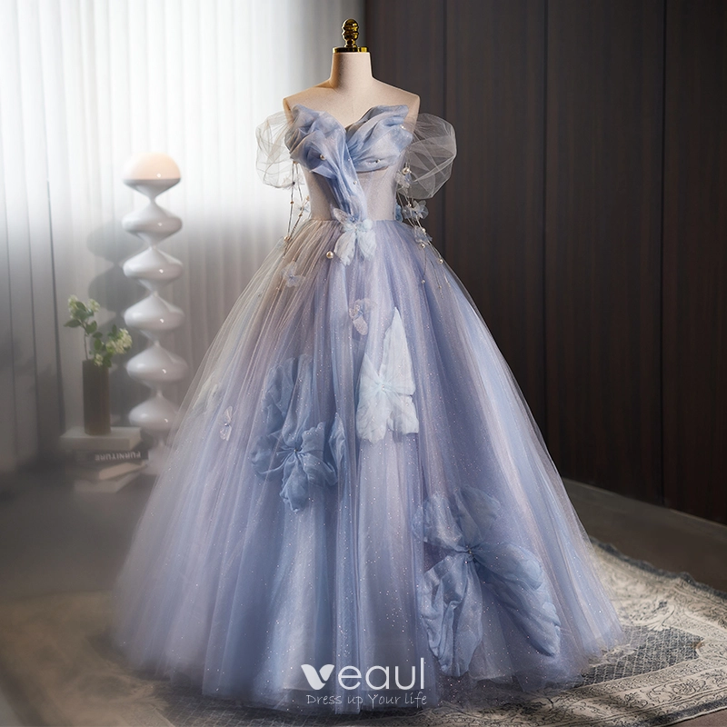 Charming Sky Blue Glitter Pearl Appliques Prom Dresses 2023 Ball Gown  Off-The-Shoulder Sleeveless Backless Floor-Length / Long Prom Formal Dresses