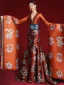Amazing / Unique Chinese style Burgundy Printing Prom Dresses 2022 Trumpet / Mermaid Satin V-Neck Long Sleeve Backless Court Train Formal Dresses