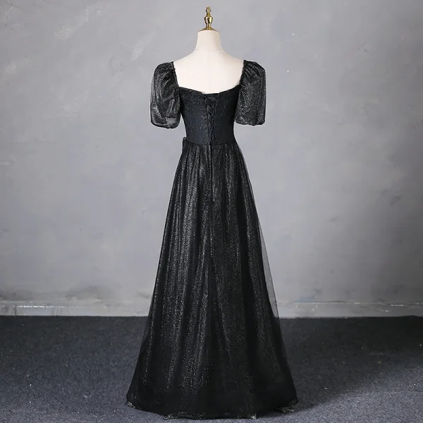 Elegant Black Appliques Glitter Prom Dresses 2024 A-Line / Princess Square Neckline Puffy Short Sleeve Backless Floor-Length / Long Prom Formal Dresses