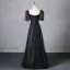 Elegant Black Appliques Glitter Prom Dresses 2024 A-Line / Princess Square Neckline Puffy Short Sleeve Backless Floor-Length / Long Prom Formal Dresses