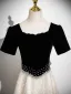 Elegant Black Pearl Rhinestone Sequins Prom Dresses 2026 A-Line / Princess Square Neckline Short Sleeve Backless