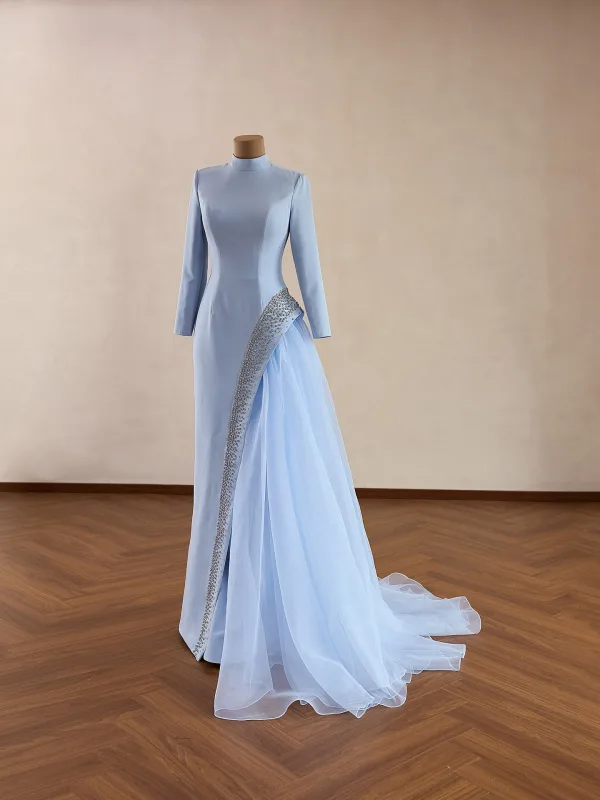 Musulmane Bleu Ciel Faux Diamant Robe De Bal 2026 Trompette / Sirène Col Haut Manches Longues Train De Balayage Robe De Ceremonie