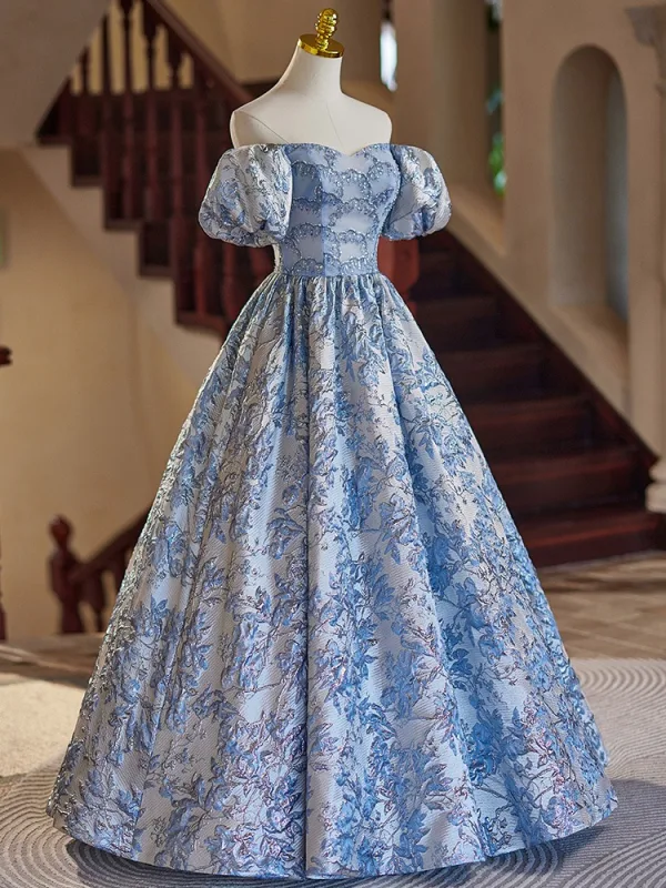 Chic / Beautiful Sky Blue Beading Sequins Lace Flower Prom Dresses 2024 Ball Gown Off-The-Shoulder Puffy Short Sleeve Backless Floor-Length / Long Prom Formal Dresses
