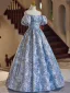 Chic / Beautiful Sky Blue Beading Sequins Lace Flower Prom Dresses 2024 Ball Gown Off-The-Shoulder Puffy Short Sleeve Backless Floor-Length / Long Prom Formal Dresses