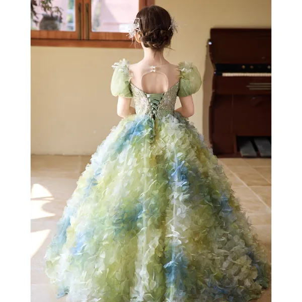 Flower Fairy Sage Green Beading Sequins Appliques Birthday Flower Girl Dresses 2025 Ball Gown Scoop Neck Short Sleeve Backless Floor-Length / Long