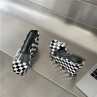 Mode Noire Été Vêtement De Rue Plaid Sandales Femme 2022 11 Cm Compensées Peep Toes Bout Ouvert Sandales Talons Hauts
