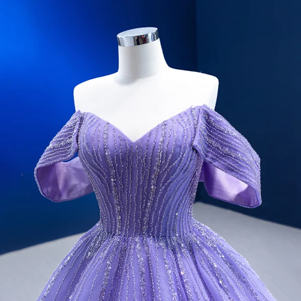 High End Lavendel Perlenstickerei Pailletten Ballkleider 2023 Ballkleid Bandeau Ärmellos Rückenfreies Sweep / Pinsel Zug Festliche Kleider