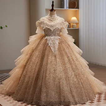 Sparkly Charming Champagne Beading Pearl Sequins Rhinestone Cascading Ruffles Birthday Flower Girl Dresses 2023 Ball Gown Scoop Neck Short Sleeve Backless Floor Length Long