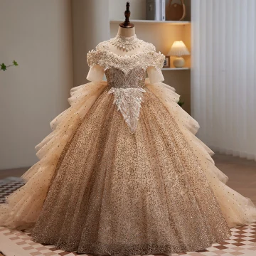 Scintillantes Charmant Champagne Perlage Perle Paillettes Faux Diamant Volants En Cascade Anniversaire Robe Ceremonie Fille 2023 Robe Boule Encolure Dégagée Manches Courtes Dos Nu Longue