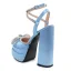 Inhabituel Bleu Ciel Cocktail Satin Sandales Femme 2022 Bride Cheville Faux Diamant Noeud 14 cm Talons Épais Pied Carré Sandales Talons Hauts