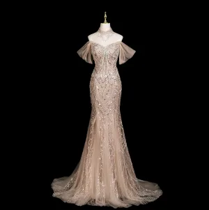 Luksus Sparkly Champagne Beading Rhinestone Paljetter Selskapskjoler 2025 Trompet Havfrue Strapless Uten Ermer Ryggløse Feie Tog Aften Formelle Kjoler