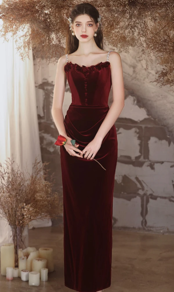 Charming Burgundy Velvet Evening Dresses 2024 Trumpet / Mermaid Spaghetti Straps Sleeveless Backless Floor-Length / Long Evening Party Formal Dresses
