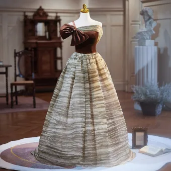 Chic Beautiful Brown Bow Floor Length Long Prom Dresses Ball Gown 2024 One Shoulder Sleeveless Backless Prom Formal Dresses