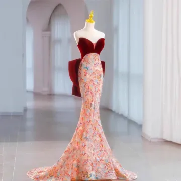 Sexy Bordeaux Pailletten Avondjurken 2023 Trompet Zeemeermin Strapless Mouwloos Ruglooze Strik Sweep Trein Avond Gelegenheid Jurken