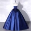 Vintage / Retro Navy Blue Satin Prom Dresses 2022 Ball Gown Strapless Lace Flower Sleeveless Backless Floor-Length / Long Prom Formal Dresses
