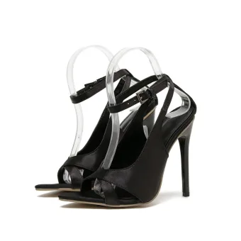 Sexy Noire Vêtement De Rue Satin Sandales Femme 2022 Bride Cheville 12 Cm Talons Aiguilles Peep Toes Bout Ouvert Sandales Talons Hauts