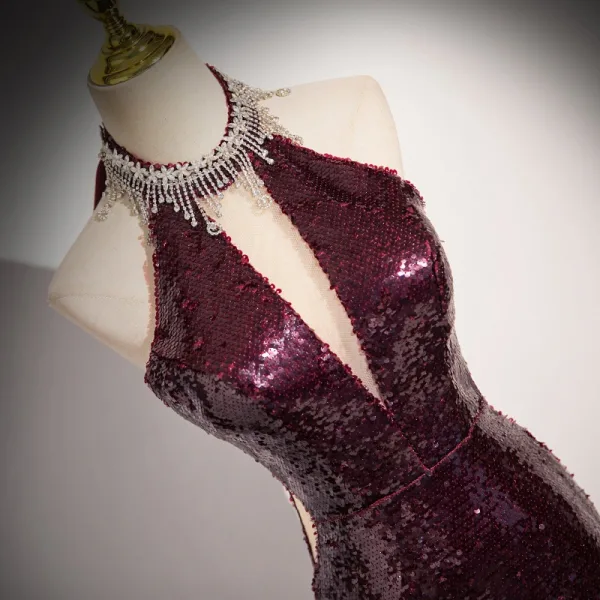 Scintillantes Sexy Bordeaux Faux Diamant Paillettes Robe De Bal Robe De Soirée 2024 Trompette / Sirène Titulaire Sans Manches Dos Nu Longue Promo Robe De Ceremonie