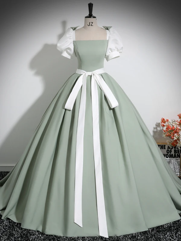 Fashion Sage Green Prom Dresses 2024 Ball Gown Square Neckline Puffy Short Sleeve Backless Bow Sash Floor-Length / Long Prom Formal Dresses