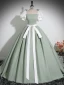 Fashion Sage Green Prom Dresses 2024 Ball Gown Square Neckline Puffy Short Sleeve Backless Bow Sash Floor-Length / Long Prom Formal Dresses
