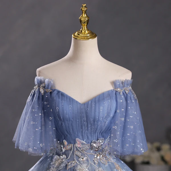 Schöne Meeresblau Perlenstickerei Ballkleider 2023 Ballkleid Off Shoulder Kurze Ärmel Rückenfreies Lange Ball Festliche Kleider