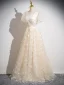 Chic / Beautiful Champagne Butterfly Appliques Beading Sequins Prom Dresses 2024 A-Line / Princess V-Neck Short Sleeve Backless Floor-Length / Long Prom Formal Dresses