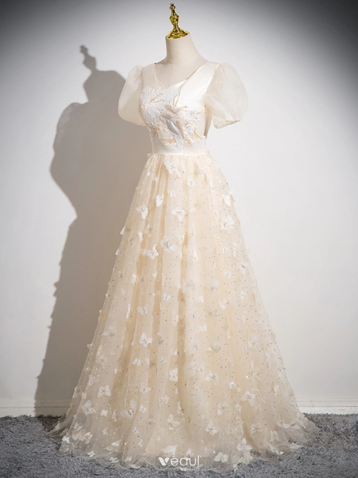 Beading Backless Champagne V Neck A Line Prom Dress