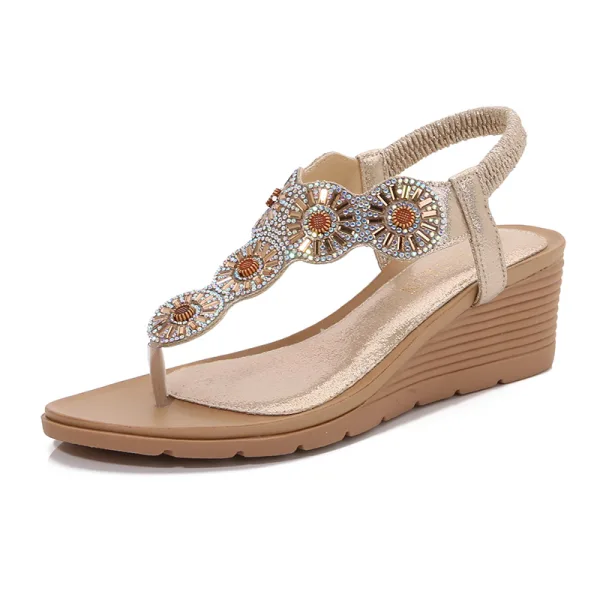 Bohemia Silver Casual Street Wear Beach Rhinestone Womens Sandals 2023 Summer T-Strap 6 cm Wedges Open / Peep Toe Sandals