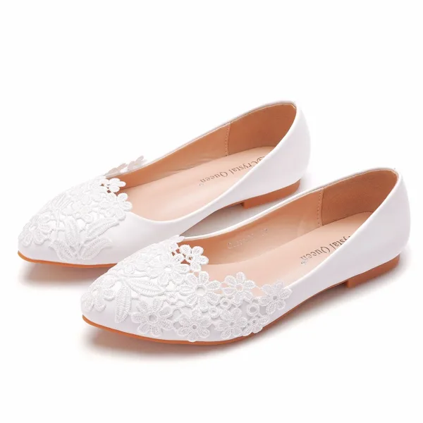 Elegant White Lace Flower Flat Wedding Shoes 2023 Pointed Toe Wedding Shoes