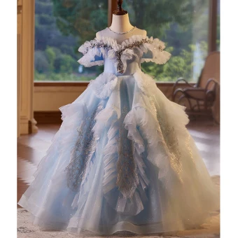 Chic Belle Bleu Ciel Volants En Cascade Faux Diamant Paillettes Anniversaire Robe Ceremonie Fille 2024 Robe Boule Encolure Dégagée Manches Courtes Dos Nu Longue
