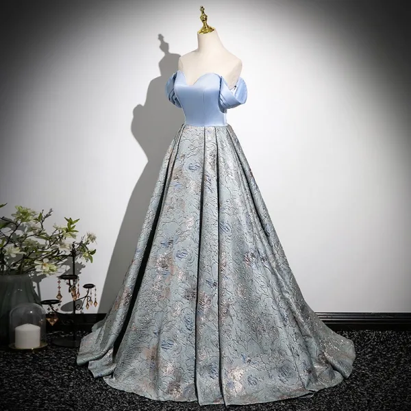 Elegant Sky Blue Printing Prom Dresses 2025 A-Line / Princess Off-The-Shoulder Sleeveless Backless Floor-Length / Long Prom Formal Dresses