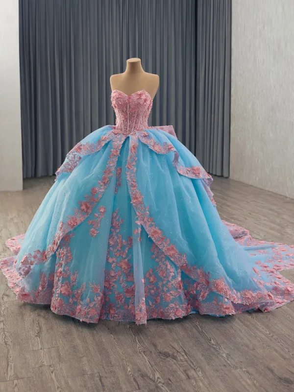 Flower Fairy Pool Blue Pearl Lace Flower Appliques Prom Dresses 2025 Ball Gown Off-The-Shoulder Short Sleeve Backless Bow Royal Train Formal Dresses