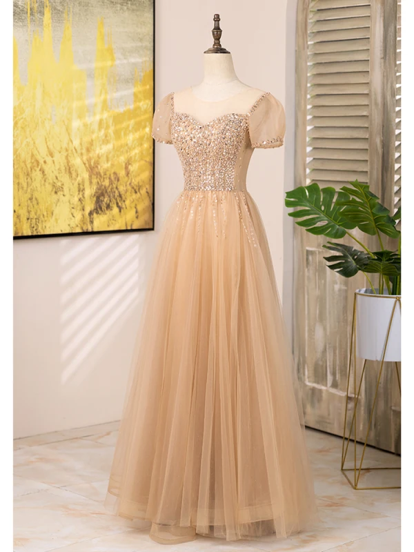 Chic / Beautiful Champagne Beading Sequins Prom Dresses 2024 A-Line / Princess Scoop Neck Short Sleeve Backless Floor-Length / Long Prom Formal Dresses