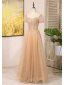 Chic / Beautiful Champagne Beading Sequins Prom Dresses 2024 A-Line / Princess Scoop Neck Short Sleeve Backless Floor-Length / Long Prom Formal Dresses