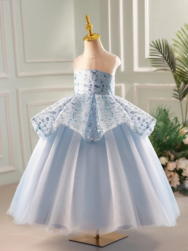 Fashion Sky Blue Sequins Birthday Flower Girl Dresses 2023 Ball Gown Scoop Neck Sleeveless Backless Floor-Length / Long