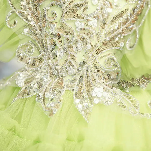 Chic / Beautiful Lime Green Ball Gown Birthday Cascading Ruffles Sequins Flower Girl Dresses 2022 Scoop Neck Short Sleeve Floor-Length / Long Flower Girl Dresses