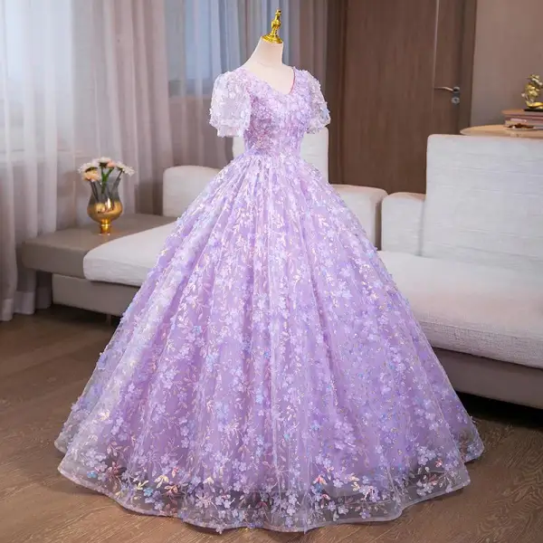 Flower Fairy Lavender Sequins Appliques Prom Dresses 2024 Ball Gown V-Neck Short Sleeve Backless Floor-Length / Long Prom Formal Dresses