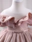 Chic / Beautiful Blushing Pink Short Birthday Flower Girl Dresses 2023 Ball Gown Ruffle Off-The-Shoulder Sleeveless Backless Bow Sash