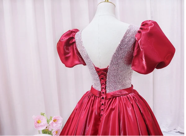 Elegant Burgundy Rhinestone Sequins Prom Dresses 2024 Ball Gown Scoop Neck Puffy Short Sleeve Backless Floor-Length / Long Prom Formal Dresses