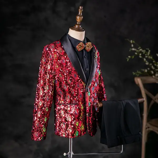 Sparkly Burgundy Sequins 5-piece Long Sleeve Boys Wedding Suits 2025 Body Jewellery Coat Shirt Tie Pants