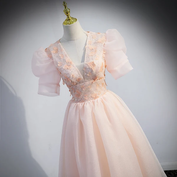 Chic / Beautiful Blushing Pink Beading Sequins Party Dresses 2022 A-Line / Princess V-Neck Appliques Short Sleeve Backless Floor-Length / Long Formal Dresses