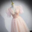 Chic / Beautiful Blushing Pink Beading Sequins Party Dresses 2022 A-Line / Princess V-Neck Appliques Short Sleeve Backless Floor-Length / Long Formal Dresses