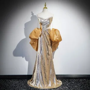 Sexy Doré Paillettes Robe De Soirée 2025 Trompette Sirène Bustier Sans Manches Dos Nu Longue Soirée Robe De Ceremonie