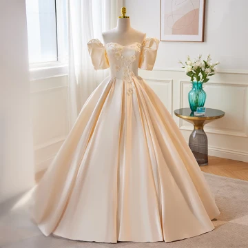 Elegant Champagne Appliques Pearl Prom Dresses 2023 Satin Ball Gown Off The Shoulder Short Sleeve Backless Floor Length Long Formal Dresses