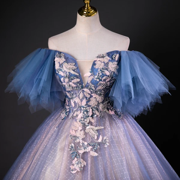 Vintage / Retro Ocean Blue Beading Sequins Prom Dresses 2023 Ball Gown Off-The-Shoulder Short Sleeve Backless Floor-Length / Long Formal Dresses