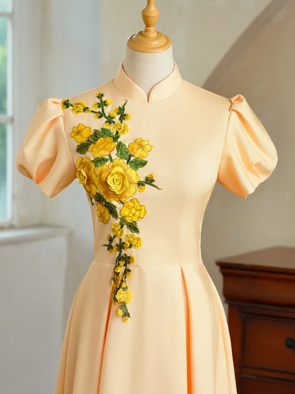 Vintage Farbverlauf Gelb Spitze Blumen Ballkleider 2025 A Linie Stehkragen Kurze Ärmel Lange Ball Festliche Kleider