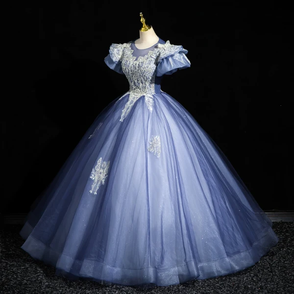 Elegant Sky Blue Beading Lace Flower Prom Dresses 2023 Ball Gown Scoop Neck Puffy Short Sleeve Backless Floor-Length / Long Prom Formal Dresses